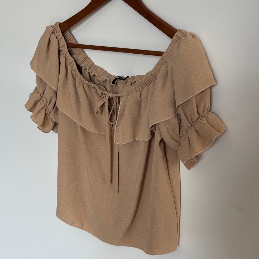 Tan Off-Shoulder Ruffle Blouse - Picture 3 of 9